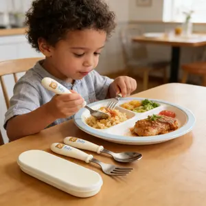 Cute Cartoon Design 304 Stainless Steel Toddler Utensils Set Ergonomic Baby Feeding Spoon and Fork Set Portable Travel Friendly Training Utensil for Infant Self Feeding BPA Free Safe Tableware for Kids Daily Use -RR