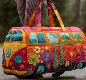 Boho Hippie Quilted VW Bus Duffle Bag, Unisex Weekender Travel Bag, Colorful Floral Handmade Overnight Bag, Lightweight Carry On Luggage for Travel, Beach, Gym, Camping，Mother's day gift