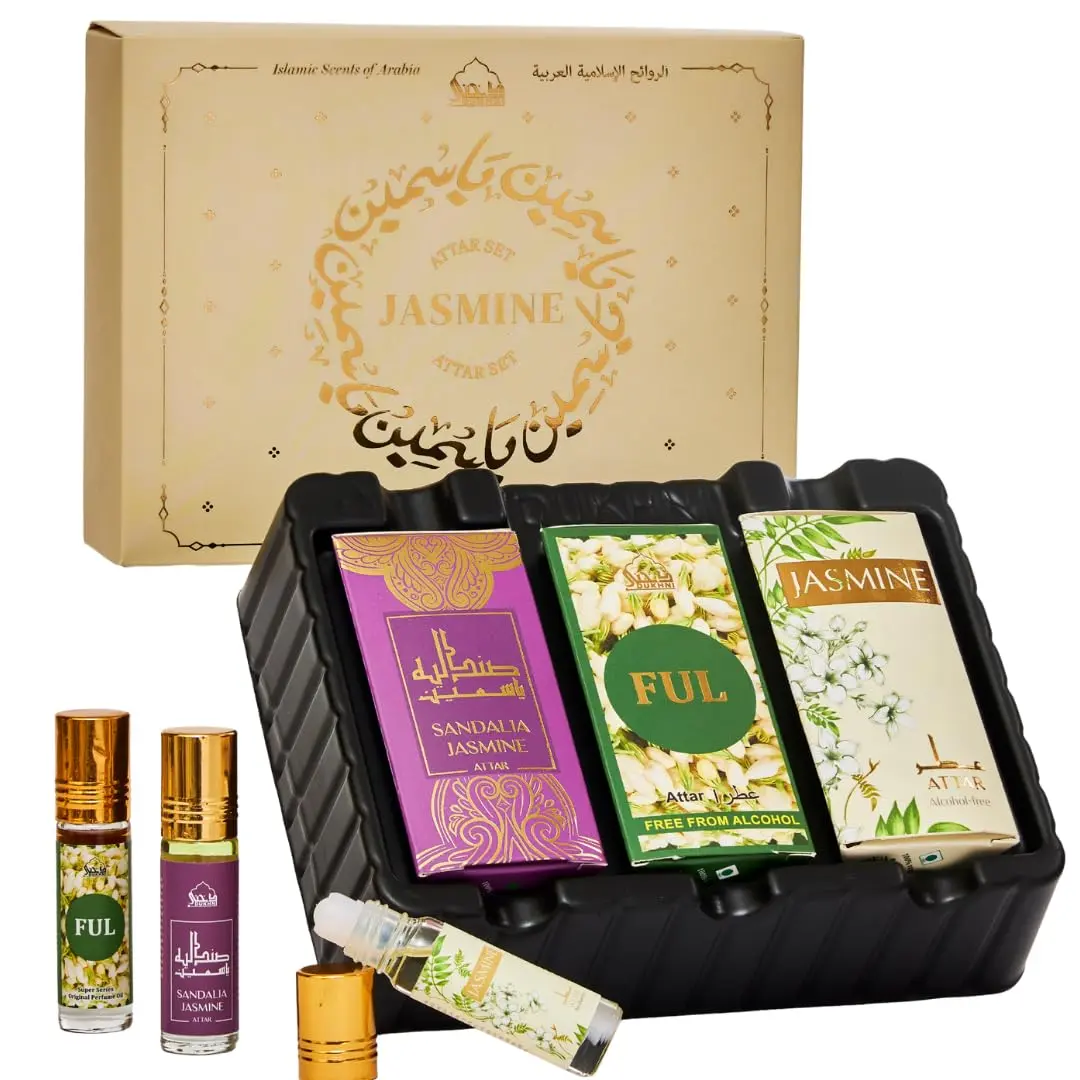 Dukhni Jasmine Attar Oil Set Authentic Arabic Fragrance Oils | 100% Pure, Alcohol-Free Arabic Perfume Oil Blends for men & women | Jasmine, Attar ful, Sandalia - 6ml each