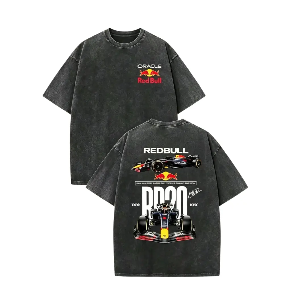 Red Bull RB20 F1 Racing Vintage Graphic Tee, Acid Wash Oversized Cotton Shirt, Double Sided Motorsport Streetwear Top for Men & Women, Y2K Car Apparel