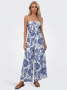 Women's Vibrant Knotted Front Tropical Print Wide Leg Jumpsuit, Summer Flexible Casual Strapless Romper for Beach Vacation, Lightweight Skin-Friendly Daily Outfit