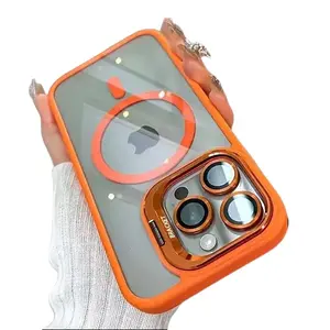 Simple magnetic metal frame lens protector/stand 3-in-1 phone case, suitable for iPhone series, acrylic shockproof hard case.