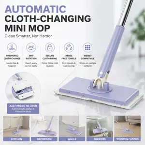 Automatic Changing Mini Mop – Hands-Free Mop Compatible with Towels – Rotating Mop with Pull-Press Handle – Dry & Wet Mop for Floor Cleaning
