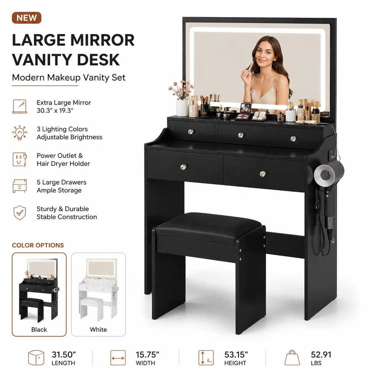 Large LED Makeup Vanity Desk with Mirror, Power Outlet, 5 Drawers, 3-Color Adjustable Lighting, Hair Dryer Holder & Stool - Modern Bedroom Indoor Furniture (Black/White)