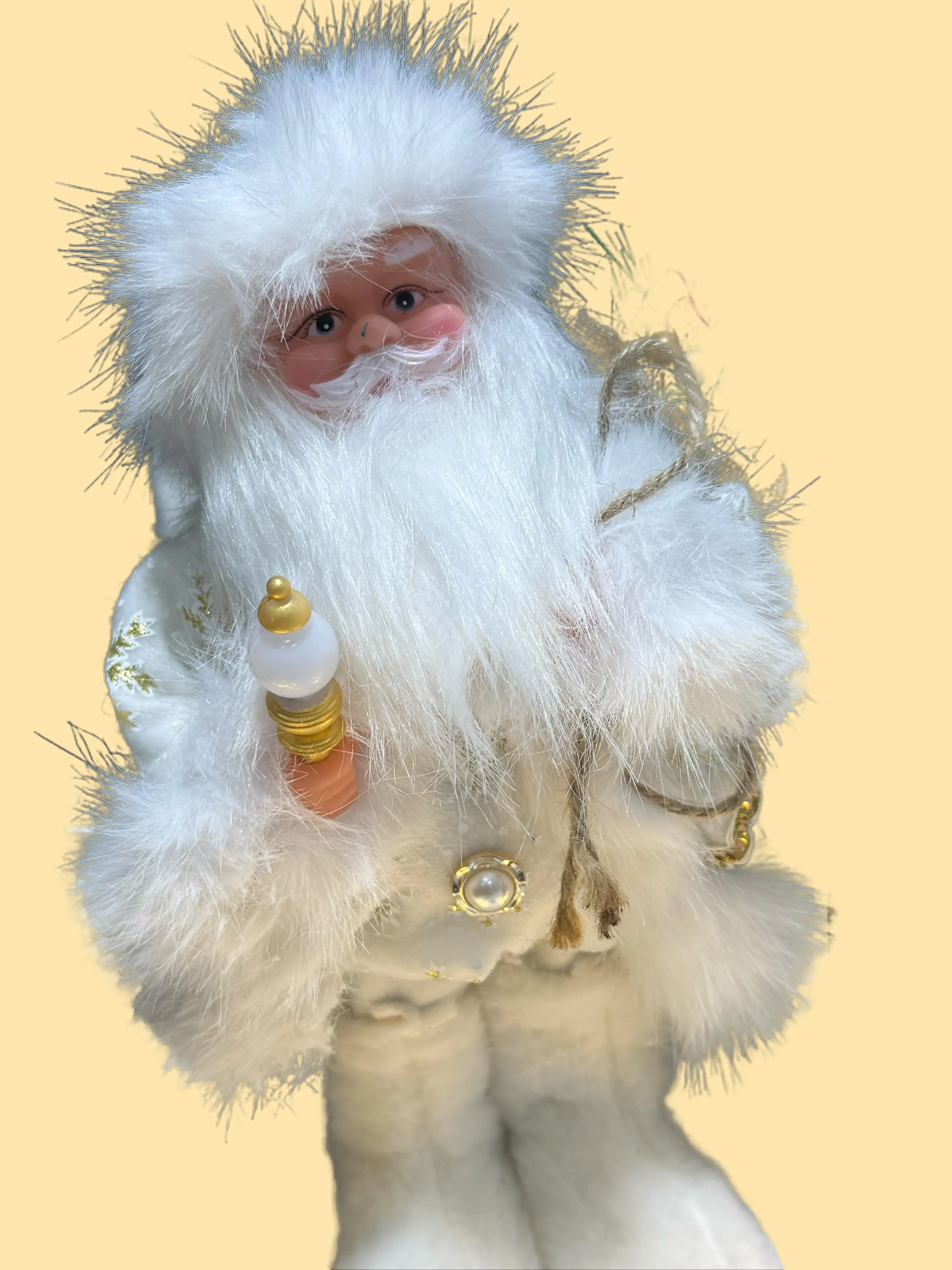 Festive Santa Claus Figure with White Fur and Gold Accents for Christmas Decorations