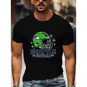 Seattle Football Team Helmet Pattern T-Shirt Men_Sports Fan Clothing_Casual Wear_Official Authorized Goods_Comfort Fit_Match Day and Everyday Wear_Black T-Shirt with Bright Design