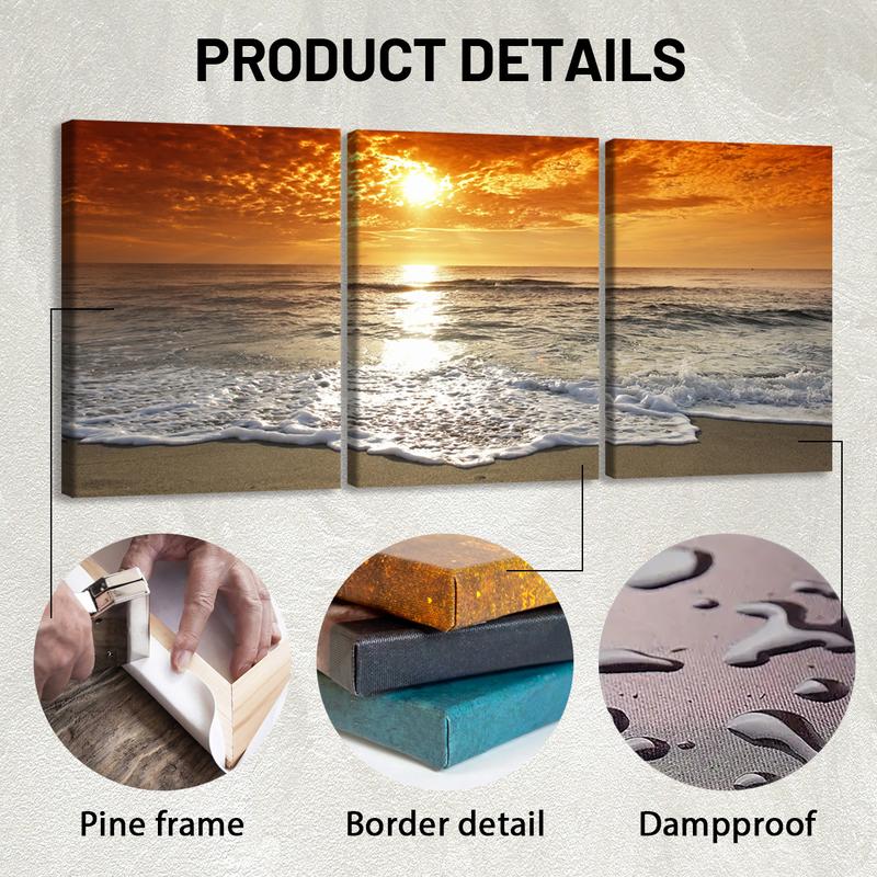 3Pcs Wooden Framed Canvas Painting, Ocean Sunset Beach Waves Scene, Exquisite Poster, Home Decoration, Pattern Wall Art Decor, For Living Room, Bedroom, Office, Restaurant, Bar Wall Decor, Odorless, Painting, Print Artwork. 3Pcs Wooden Framed Canvas Painting, Ocean Sunset Beach Waves Scene, Exquisite Poster, Home Decoration, Pattern Wall Art Decor, For Living Room, Bedroom, Office, Restaurant, Bar Wall Decor, Odorless, Painting, Print Artwork.