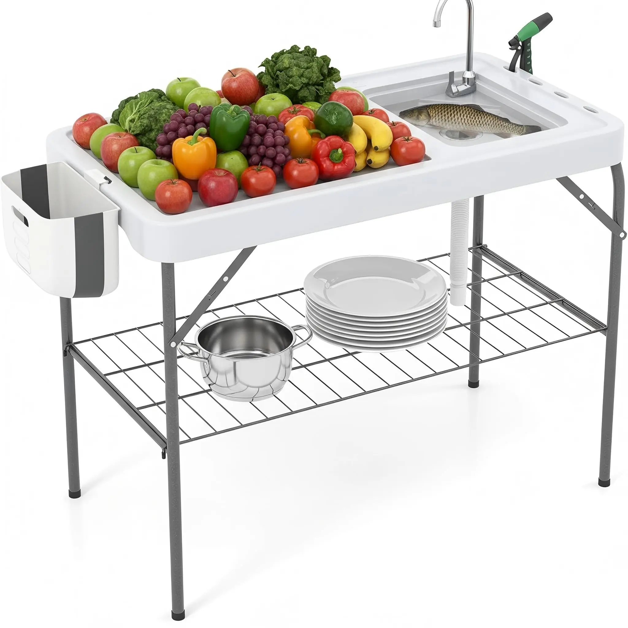 GAOMON Folding Fish Cleaning Table with Sink - Camping Furniture, Portable Outdoor Fillet Station with Faucet, Drainage Hose, Sprayer & Grid Rack for Fishing, Picnic