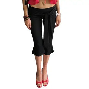 Women's 2026 Summer New Low Waist Tied Waist Wrap Cropped Capri Pants with Asymmetric Sash Detail Slim Fit Cut Flared Hemline Casual Solid Color Mid Calf Length Trousers summerwins