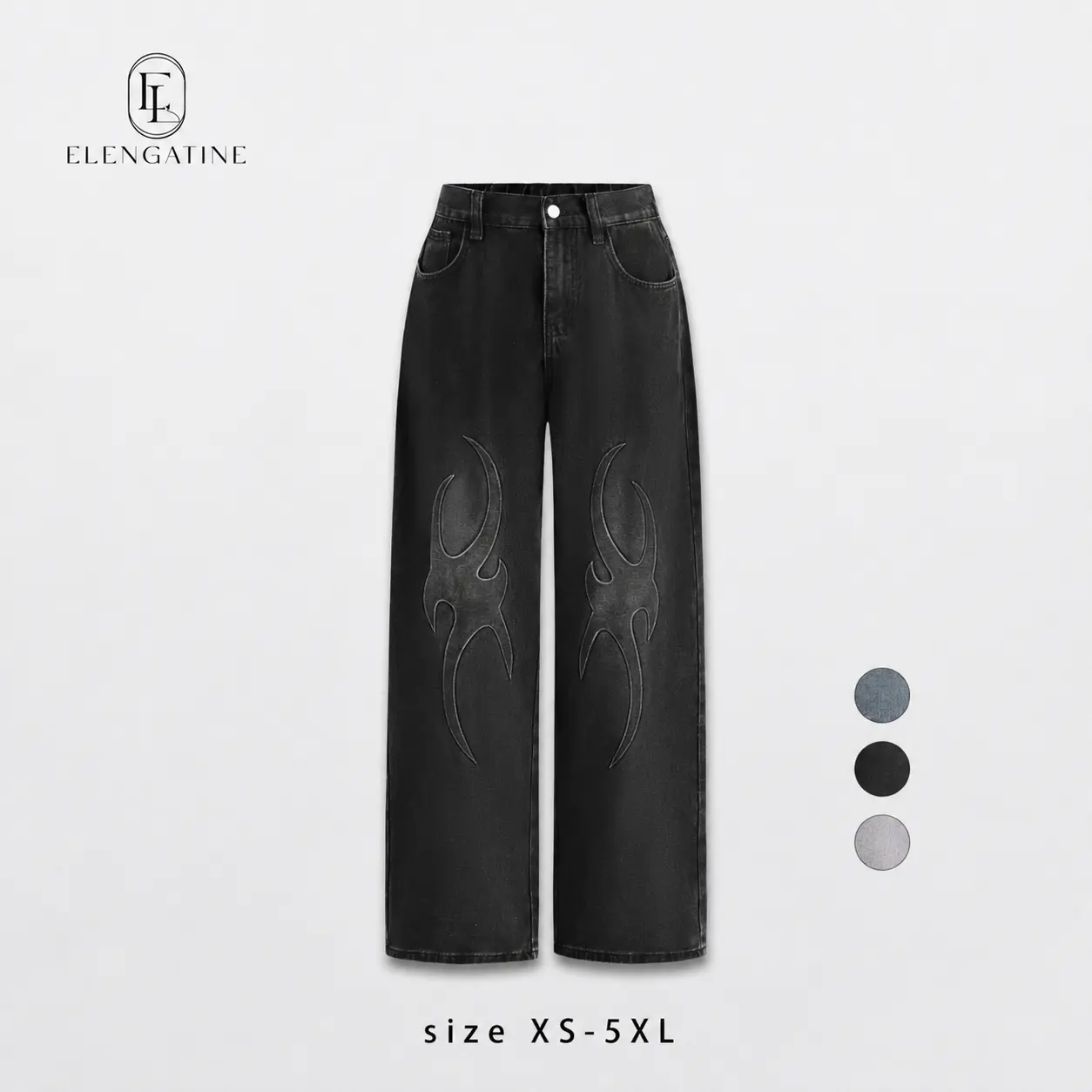 Elengatine Embossed Flame Pattern Denim Jeans for Women Light Wash Loose Wide Leg Silhouette Elastic Waistband Y2K Streetwear Inspired Soft Viscose Cotton Blend Casual Outfits Stand Out Fashion Piece
