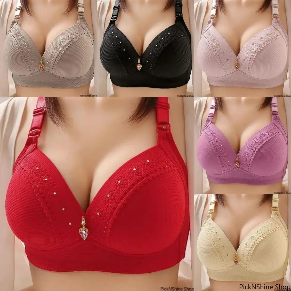Women's 6pc Minimalist Lingerie Set - No Steel Ring, Full Cup, Seamless Cleavage Bra, Side Support Lift, Large Size, Comfortable Gathering Lady Everyday Underwear