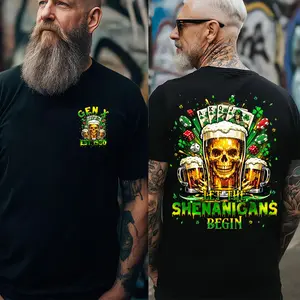 [Sale Up To 50%] Gen X Custom Year St Patrick Day 2025 T-Shirt, Let The Shenanigans Begin Tee, Irish Beer Skull Graphic, Lucky Party Shirt