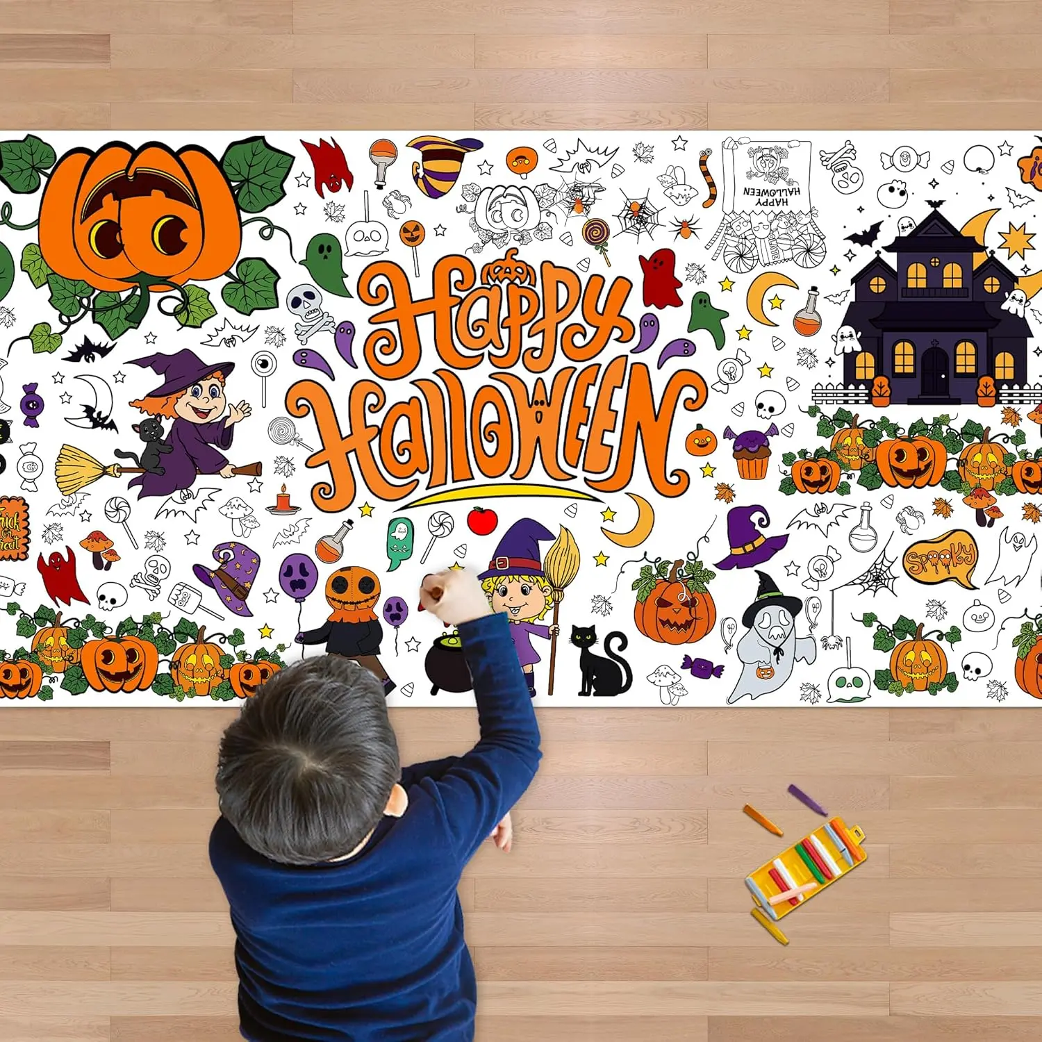 Halloween Giant Coloring Poster/Tablecloth-Halloween Crafts for Kids-30 x 72 Inches Jumbo Paper Coloring Banner Gifts for Kids Activities Games Toys Party Favors- Halloween Party Decorations