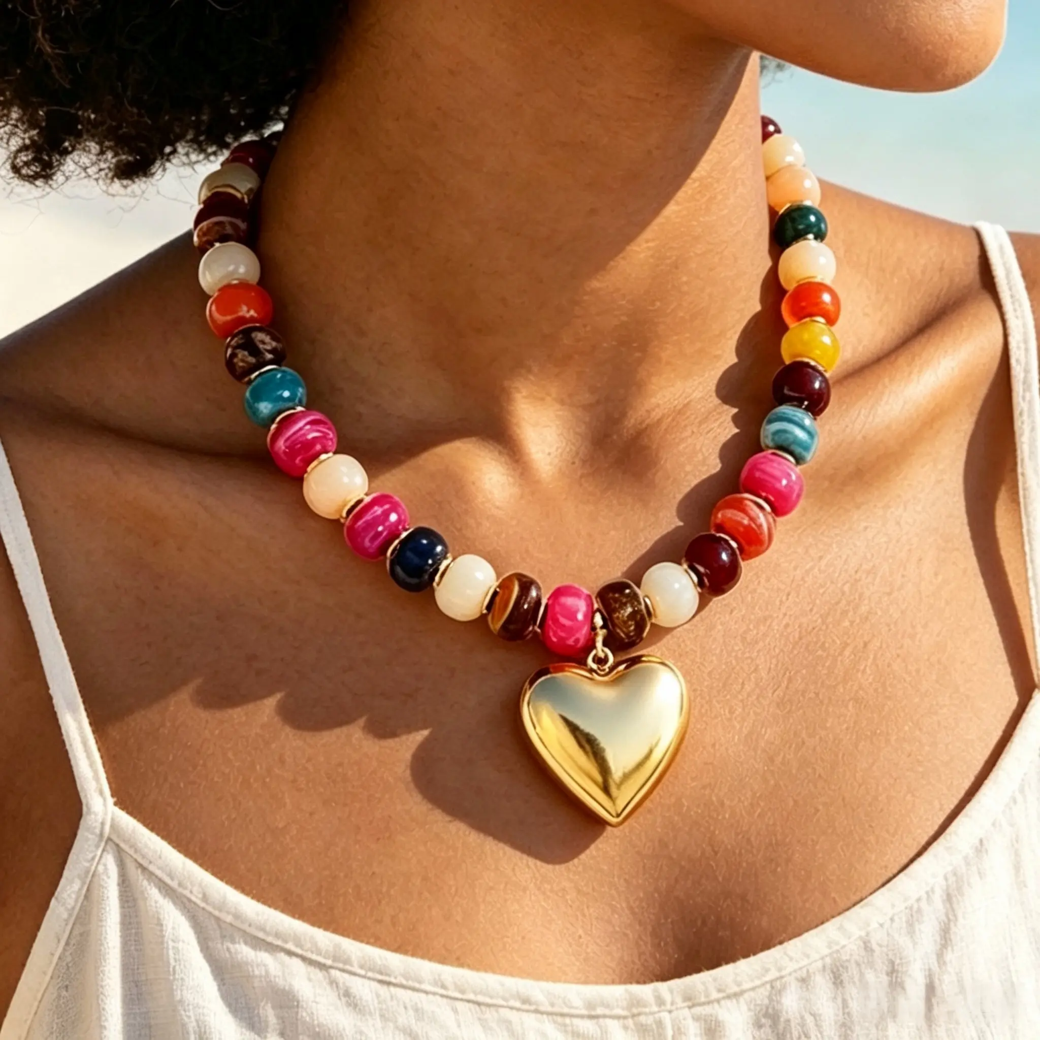 Women's Chunky Choker - Colorful Acrylic Beaded Necklace with Gold Heart Pendant, Boho Charm Jewelry for Daily & Party Wear