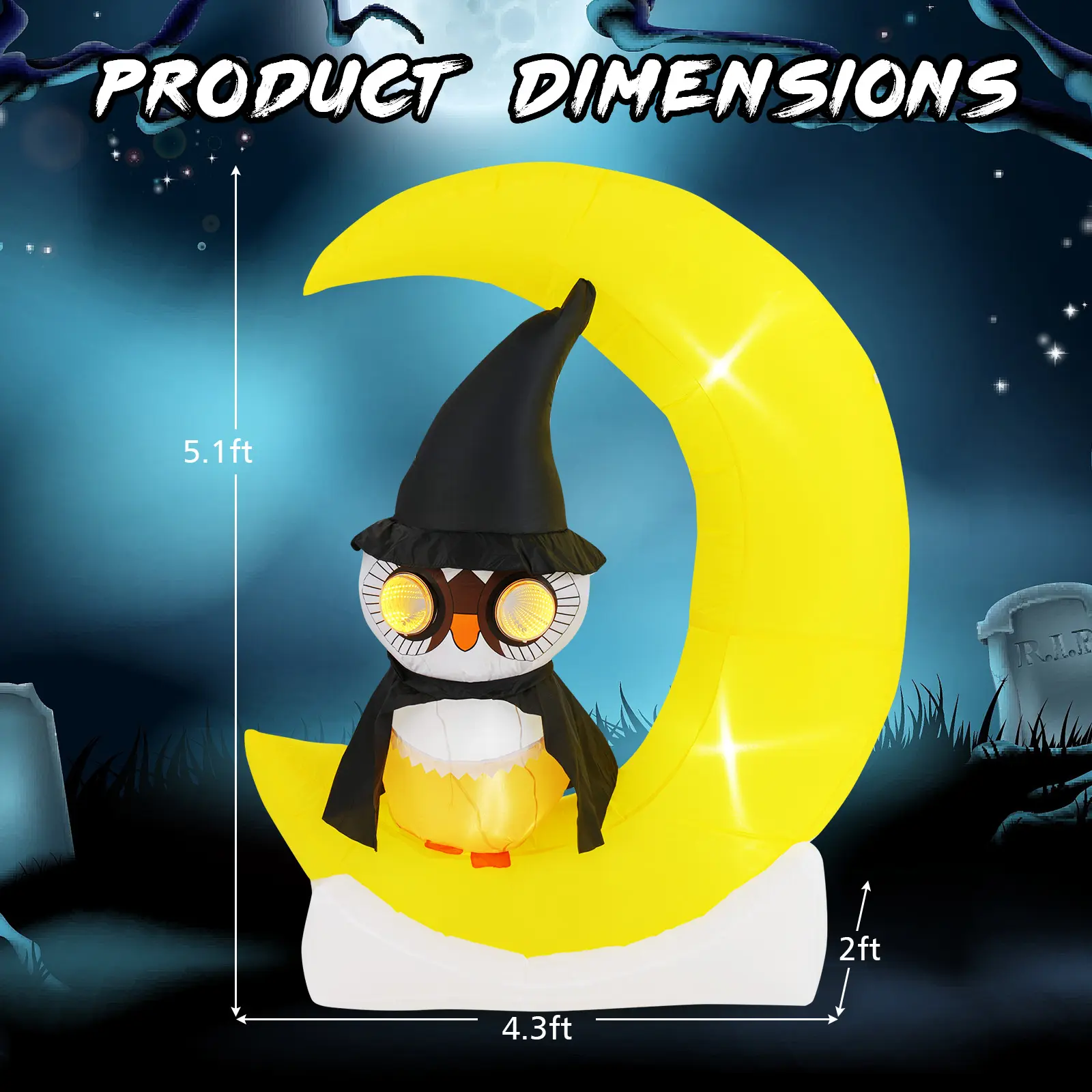 COSTWAY - Inflatable Owl on Moon LED Lighted Halloween Decoration with Large Moon and Wizard Owl