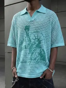 Spring Summer New Polo Neck Hollow Out Texture Short Sleeve Knit Sweater, Vintage American Letter Embroidery Color Block Casual Top