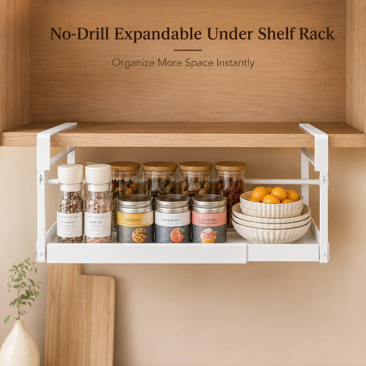 Expandable Under Shelf Rack with No-Drill Hooks Rear Support Bar White Iron Frame and Extensible Base for Storage Solutions metal
