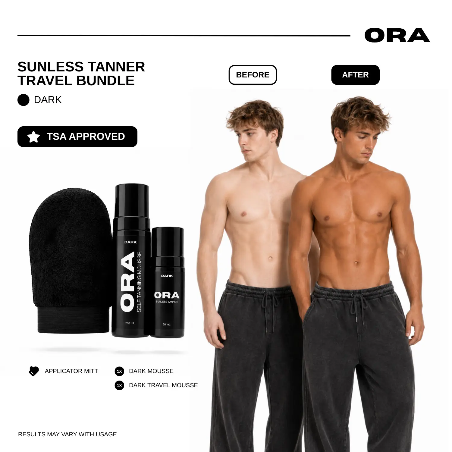 ORA Dark Self Tanning Mousse Travel Kit - 200mL Self Tanner + TSA-Approved 50mL Travel Size + Premium Velvet Applicator Mitt | Streak-Free Sunless Tanner for Men, Natural Looking Fake Tan, Muscle-Defining, Fast-Drying, Vegan & Cruelty-Free