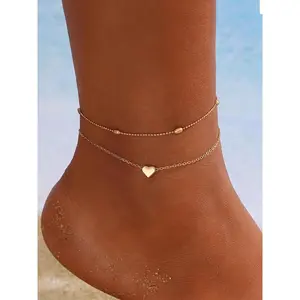 Women's Summer Beach Vacation Heart Design Layered Anklet, Fashionable Simple Star Beaded Ankle Bracelet, Multi-Layer Pearl Chain Jewelry, Trendy Jewellery Accessories