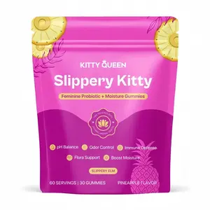 Slippery  Feminine Probiotic + Moisture Gummies - All inOne Solution with Slippery Elm 60 Count Pineapple FlavorNatural Probiotic Supplement, feminine Slippery Kitty Feminine Probiotic +