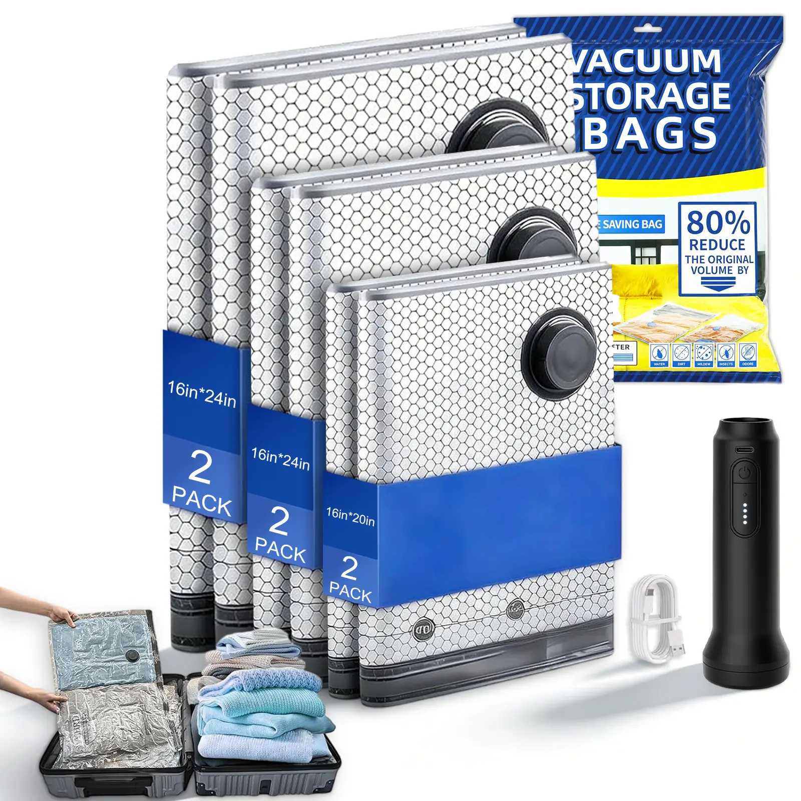 Cordless Vacuum Storage Bag Set with Electric Pump, Space-Saving Compression Bags for Clothes, Comforters & Blankets, Portable Sealer Organizer, Household Items for Travel & Home Use