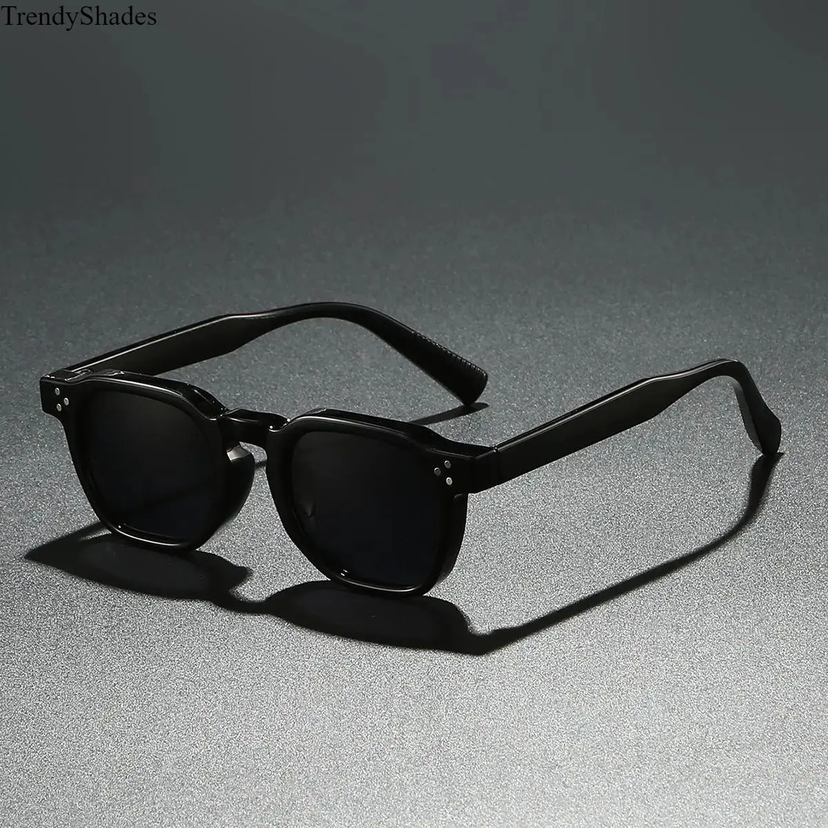 Vintage Square Sunglasses, Black Acetate Frame, Rivet-Detailed Temples, Dark Tinted Lenses, Rimless-Inspired Stylish Eyewear