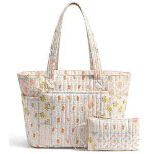 Bagstellar Cotton Tote Bag for Women, Work Tote Bag with Full-closure Zipper ,18L capacity Daily Tote for 14" Laptop,Lightweight Quilted Shoulder Bag Matching cosmetic pouch for Teacher,Nurse,College,Gym,Travel