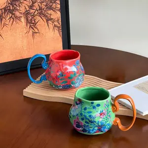 Vintage Floral Ceramic Coffee Cup, Handmade Colorful Design, Perfect for Cappuccino & Latte, Safe for Microwave & Dishwasher, Ceramic Tea Cup