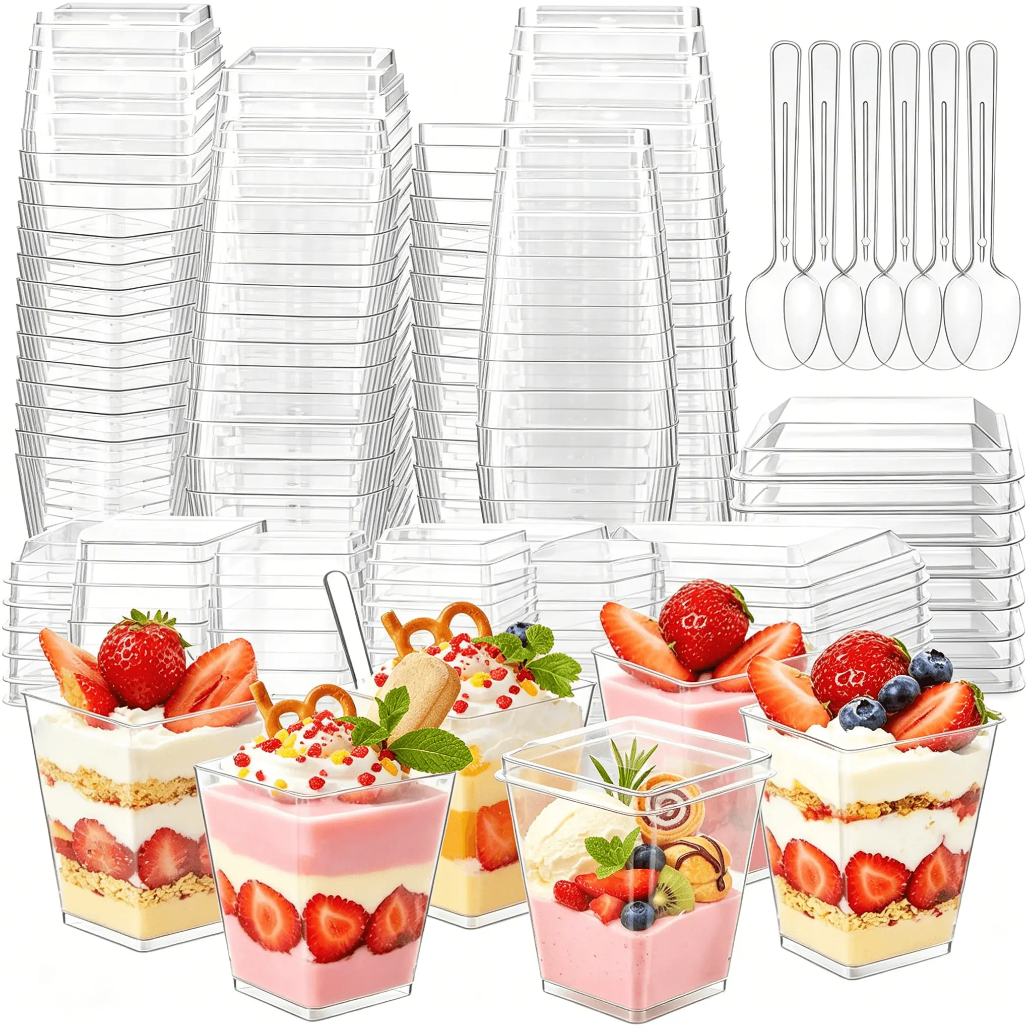 50 Pack 5oz Clear Plastic Dessert Cups with Lids and Spoons - Square Mini Parfait Cups Dessert Shooters for Tiramisu, Cheesecake, Pudding, Fruit, Party, Wedding & Small Business Bakery