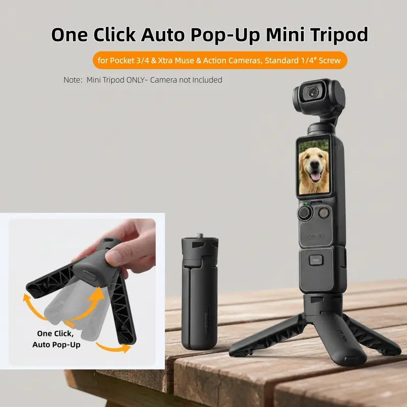 Mini Tripod Selfie Handle with Auto Pop-Up Design & 1/4" Thread for DJI Osmo Pocket 3/4, Osmo Action, GoPro, Insta360 & Xtra Muse, Portable Camera Grip Stand