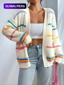 Women's Striped Print Open Front Cardigan, Casual Drop Shoulder Long Sleeve Pocket Cardigan for Fall & Winter, Ladies' Knitwear for Daily Wear, Casual Knit Top