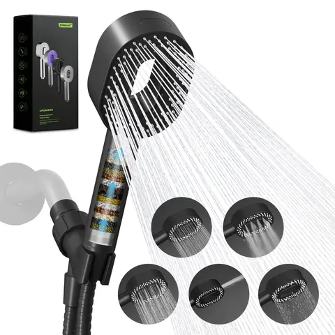 Hibbent 5-in-1 Showerhead Set with Handheld, High-Pressure Black Shower Head, Brass Holder, 71" Metal Hose, Hard Water Softener - Chlorine Removal, Indoor Bath Skin Health & Water Saving