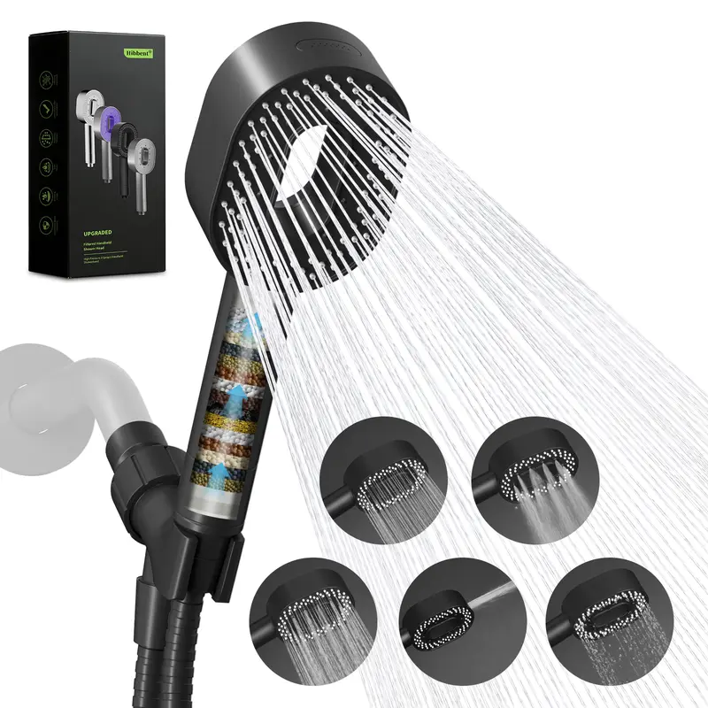 Hibbent 5-in-1 Showerhead Set with Handheld, High-Pressure Black Shower Head, Brass Holder, 71" Metal Hose, Hard Water Softener - Chlorine Removal, Indoor Bath Skin Health & Water Saving