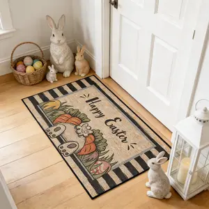Easter Door Mat with Happy Easter Bunny Design, No Fleece Rug, Easter Gift, Holiday Home Decor Carpet, Suitable for Entryway, Hallway, Bedroom, Decorative Rug Mat