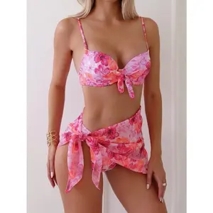 Women's 3-Piece Pink Floral Bikini Set, Push-Up Tie-Front Swim Set for Women, Tropical Print Sarong Bathing Suit Cover-Up for Beach Vacation, Swim Sets For Women