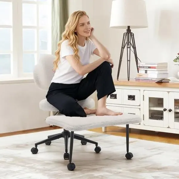 Ergonomic Cross Legged Office Chair, 360° Swivel Meditation Kneeling Chair with Wheels, Adjustable Height for Meditation, ADHD & Yoga, Lumbar Support, Wide Criss Cross Design, Teddy Fabric, White