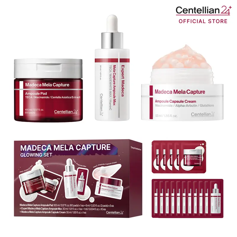 [Centellian24] Mela Capture Glowing Skincare Set | Ampoule Pad + Ampoule Max + Capsule Cream | Dark Spot & Uneven Tone Care | Exfoliating, Smoothing & Radiance | Korean Skincare