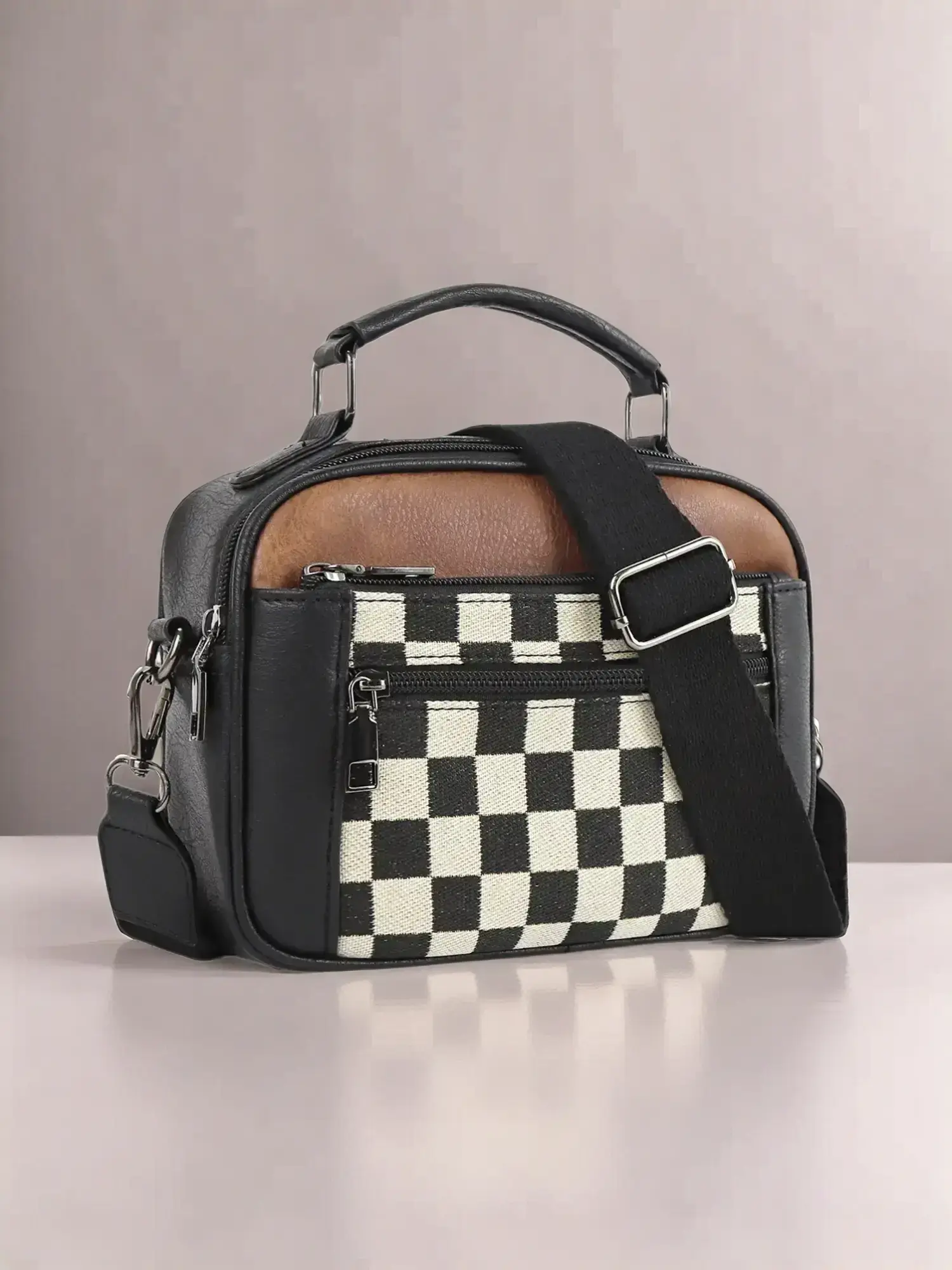 Checkerboard Pattern Crossbody Shoulder Bag for Women, Gifts for Girlfriend, Handbag Sling Bag, Fashion Pu Leather Waterproof Zipper Patterned Shoppin