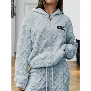 Women's diamond patterned lamb fleece hooded sweatshirt Large size loose and thick coral fleece warm home clothes American Sweet Cool Plush Hooded Casual Set