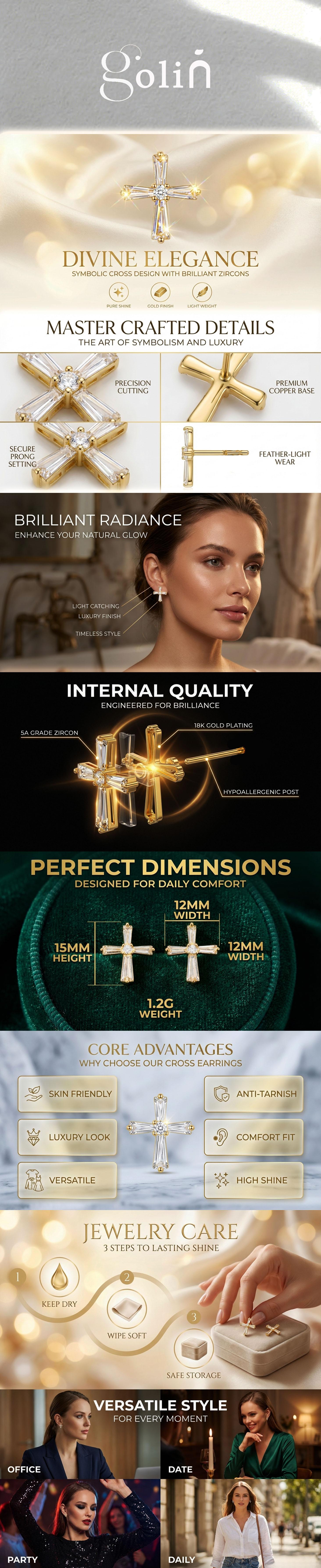 Gold Cross Earrings with Baguette Zircon - Copper + S925 Silver Needle, 15mm×12mm, 1.2g/0.04oz - Holiday Gift & Everyday Elegant Accessory