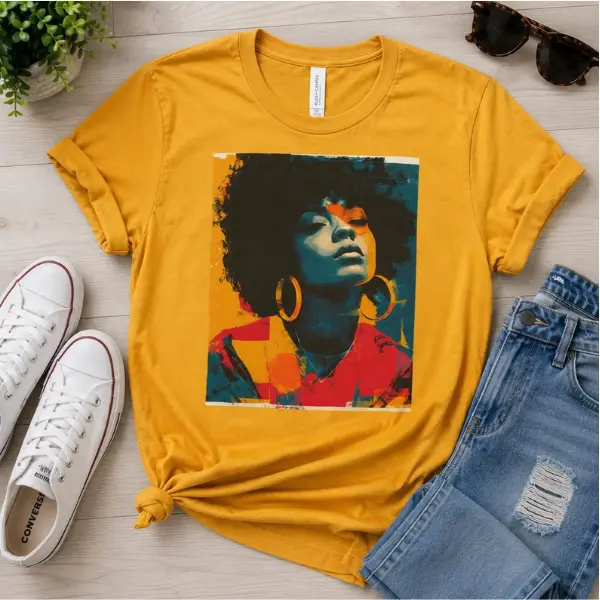 [SALE 60%] Afro Woman Pop Art Shirt, Bold Portrait Hoop Earrings Graphic Tee, Afrocentric Colorful Print T-Shirt, Mustard Yellow Unisex