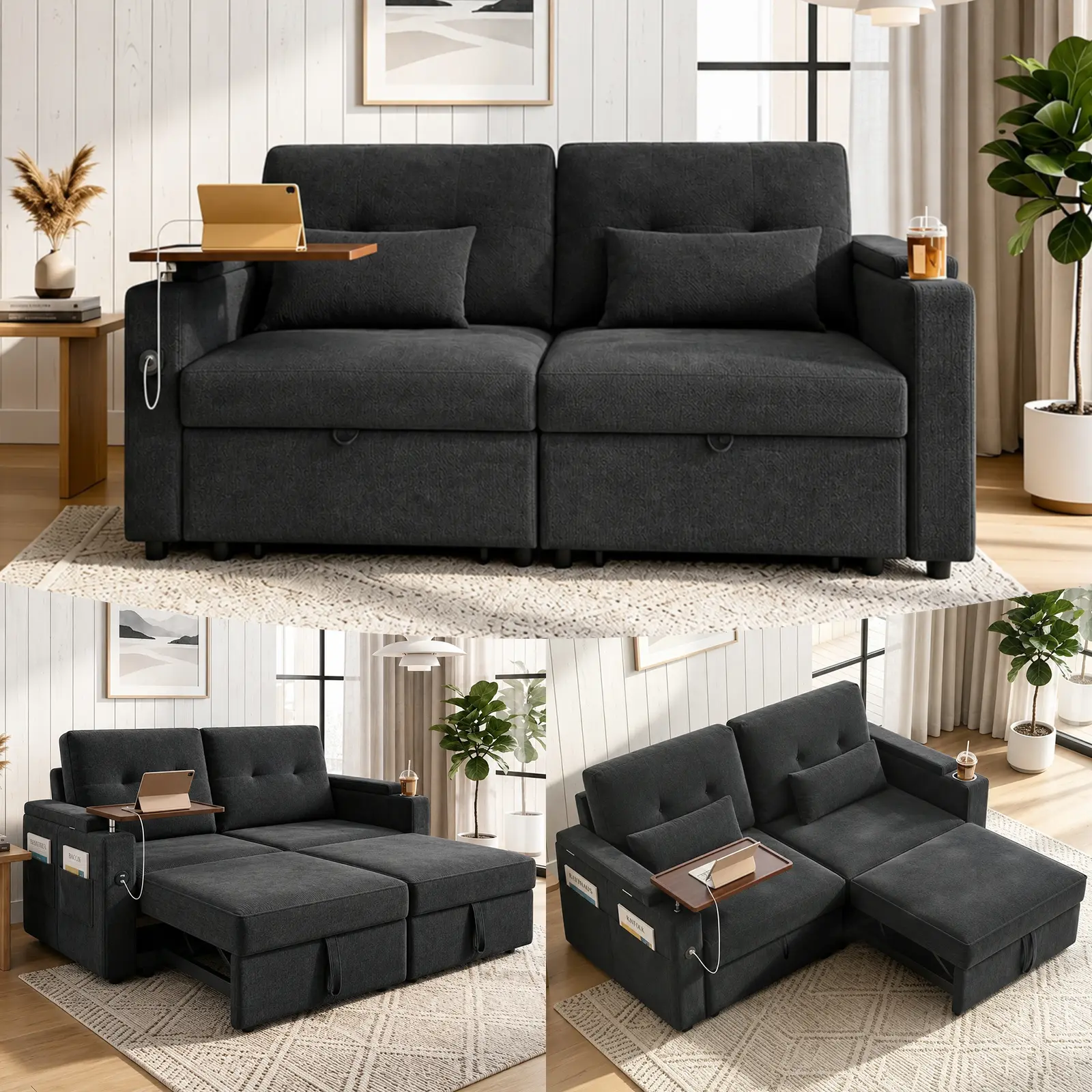 73" Modern Queen Size 2-Seat Chenille Extendable Sleeper Sofa with Fixed Arms, Pull-Out Couch Bed, USB Ports & Adjustable Backrest for Living Room, Bedroom