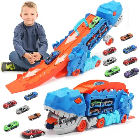 11-in-1 Dinosaur Vehicle Playset for Kids - Foldable Car Transporter, 20" Dino Race Track, T-Rex Hauler, 8 Die-Cast Cars, Unisex Toddler Toy Kit, Christmas & Birthday Cool Gifts (Ages 3-7)