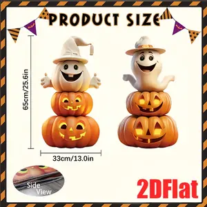 2pcs Halloween Garden Decorations - Large Black Cat Pumpkin & White Ghost Statue, Durable Plastic Spooky Party Floor Decor for Harvest Festival, Thanksgiving, And Halloween Celebrations, Halloween Decorations, Seasonal Event Decoration, Pla