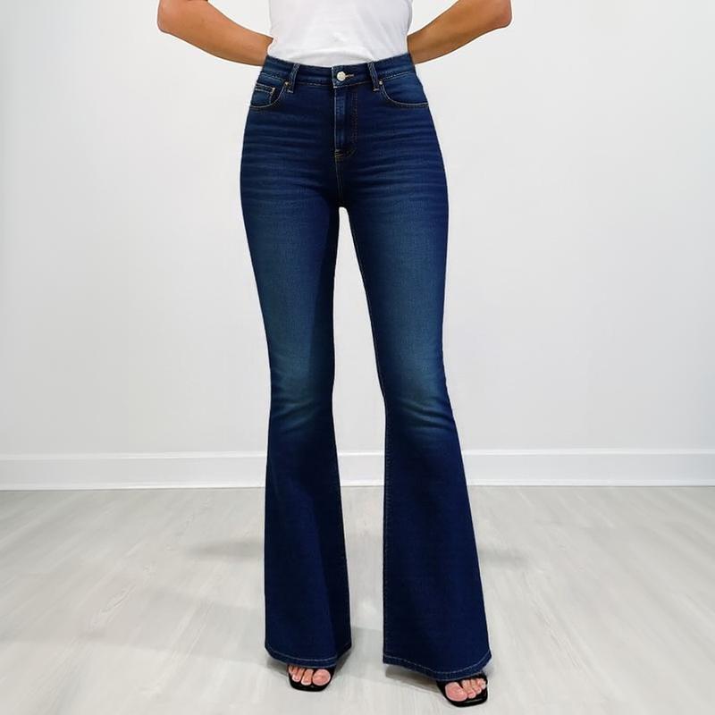 Women's High-Waist Fold-over Jeans, Wide-Leg Full-Length Jeans With An Embroidered Layered Waistband, Vintage-Wash Denim For All Seasons distressed flares