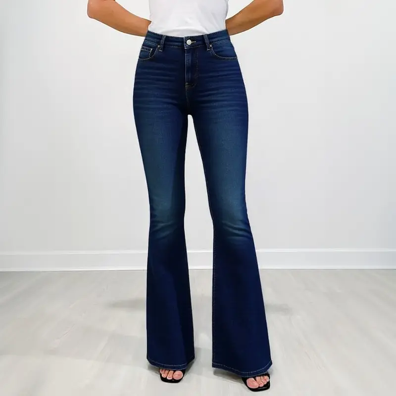 Women's High-Waist Fold-over Jeans, Wide-Leg Full-Length Jeans With An Embroidered Layered Waistband, Vintage-Wash Denim For All Seasons distressed flares