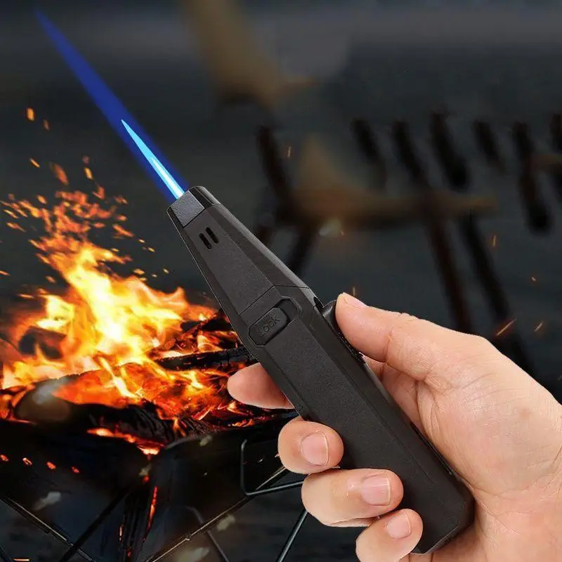 Stainless Steel Butane Gas Torch Lighter - Lockable, Refillable, No Battery, Outdoor Fire Starter, Gift-Box Ready, Single Unit for Candle Lighting, BBQ, Camping Gift