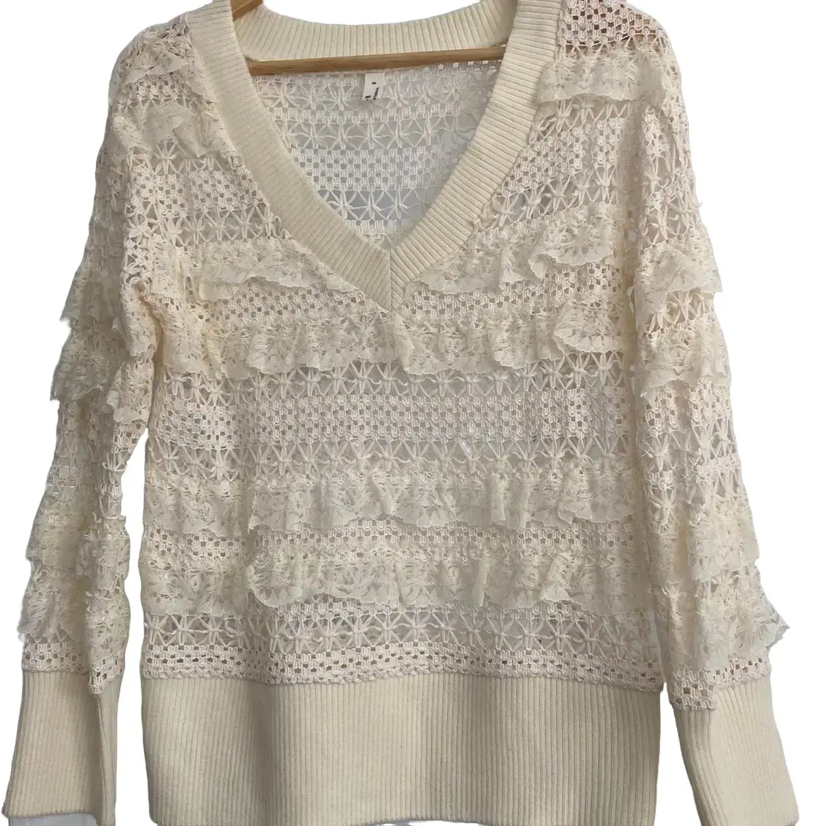Ivory Lace Knit Ruffle Sweater - V-Neck, Ribbed Hemline, Cozy & Feminine Elegance, Limited Stock Available, Womenswear, Knitwear - Soft, Day, Denim, Chic, Tops, Casual