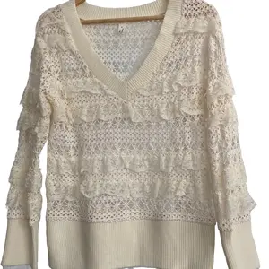 Ivory Lace Knit Ruffle Sweater - V-Neck, Ribbed Hemline, Cozy & Feminine Elegance, Limited Stock Available, Womenswear, Knitwear - Soft, Day, Denim, Chic, Tops, Casual