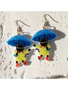 Cat Umbrella Earrings - Cute Animal Theme Acrylic Pendant Earrings, Blue Umbrella Design, Lightweight and Fashionable Women's Jewelry, Mother's Day Gift, Beach Party and Daily Dressing, Fun and Colorful Styling